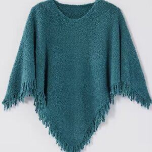 J.Jill S-L NWT $109 Teal Wool Blend Soft Italian Boucle Asymmetric Poncho Fringe